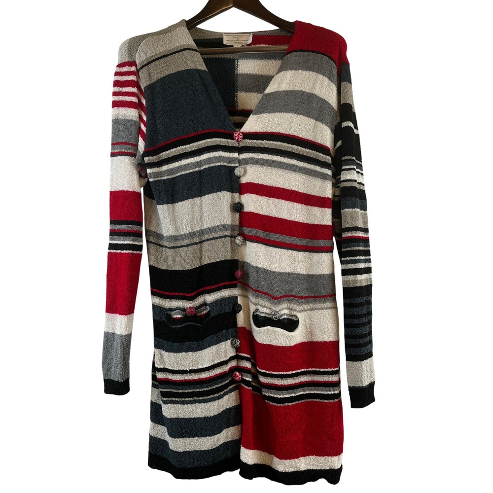Brenda French F/R/E/N/C/H IRAGS Striped Knit Cardigan Duster Red Black Gray Sz L